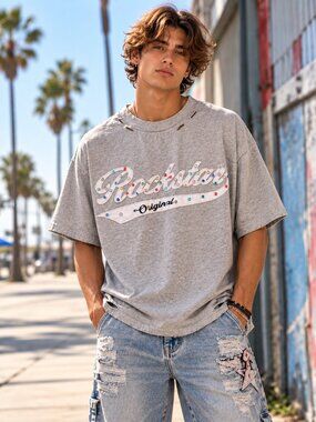 Rockstar Original Rhinestone Logo Distressed Oversized Tee Gray L